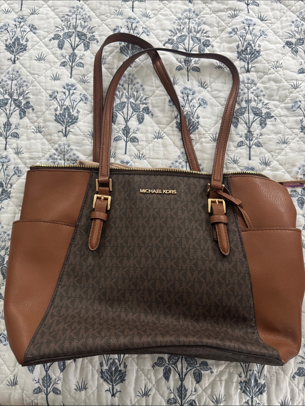 Michael Kors Brown Signature Logo and Tan Leather Tote